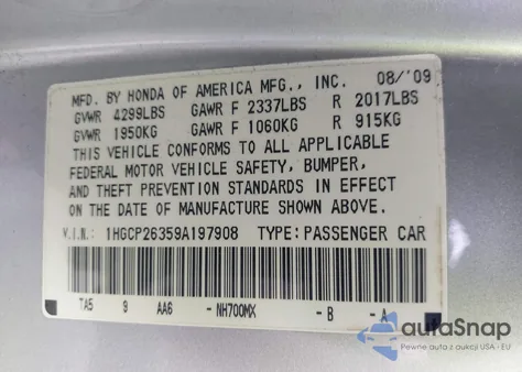2009 Honda Accord 2.4 Lx from USA, damaged, VIN 1HGCP26359A197908